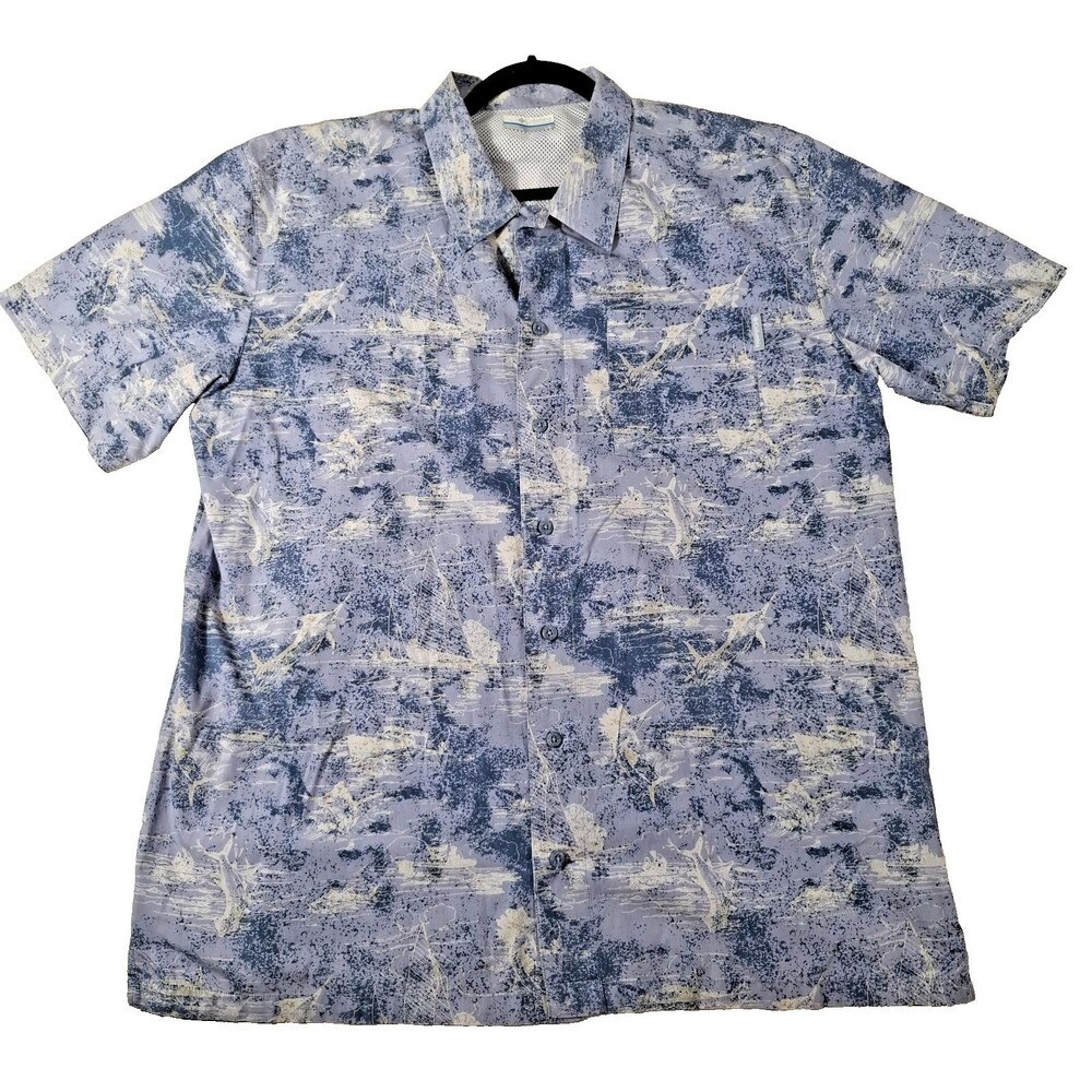 Columbia PFG Short Sleeve Vented Button-Up Shirt-Fishing/Boats/Swordfish-SZ L